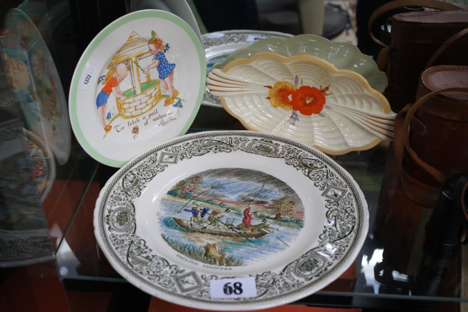 Clarice Cliff Nut dish, Seggy Gibbons Whimsical plate and a Smiling Showers transfer printed plate