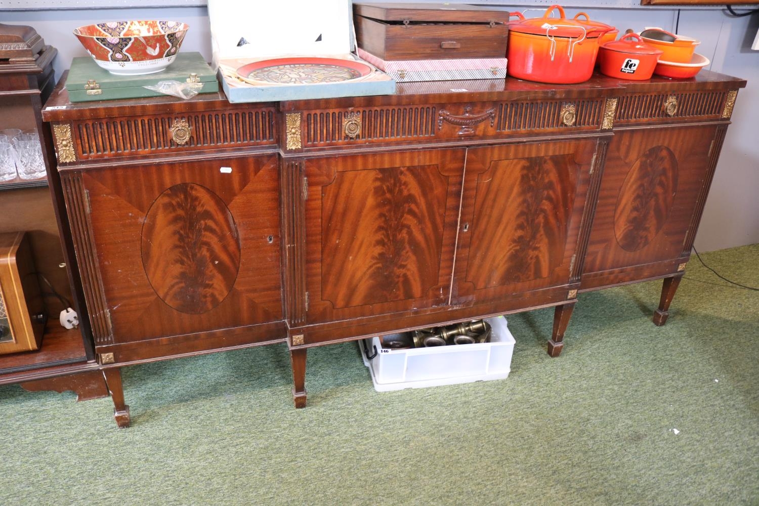 Reproduction Breakfront Walnut veneered sideboard with applied gilded decoration and brass drop - Image 2 of 3