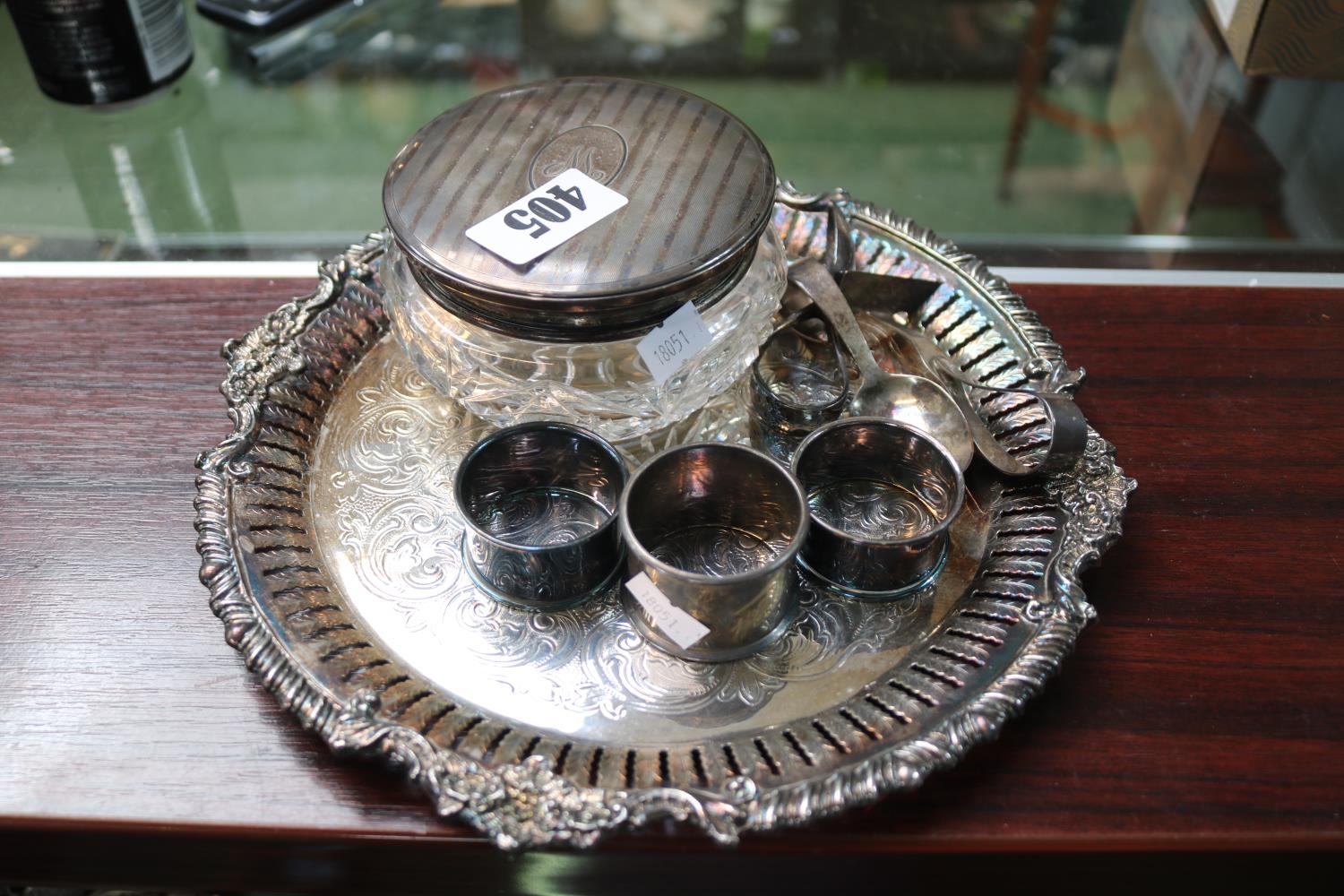 Ornate Silver plated Salver, Silver Topped Powder Jar and assorted small Silver items