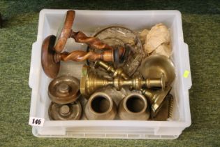 Pair of Trench Art Brass Shells, Brass Candlesticks and assorted Bygones