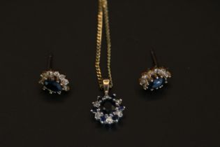 Ladies 9ct Gold Sapphire & CZ Set Pendant and a pair of matched earrings