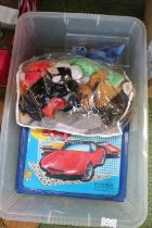 Good collection of TY Teddies and a Vintage Car Carry case with assorted Playworn vehicles