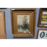 Framed Watercolour of a Sailing Ship monogrammed J.M dated 1880 in Gilt Gesso frame