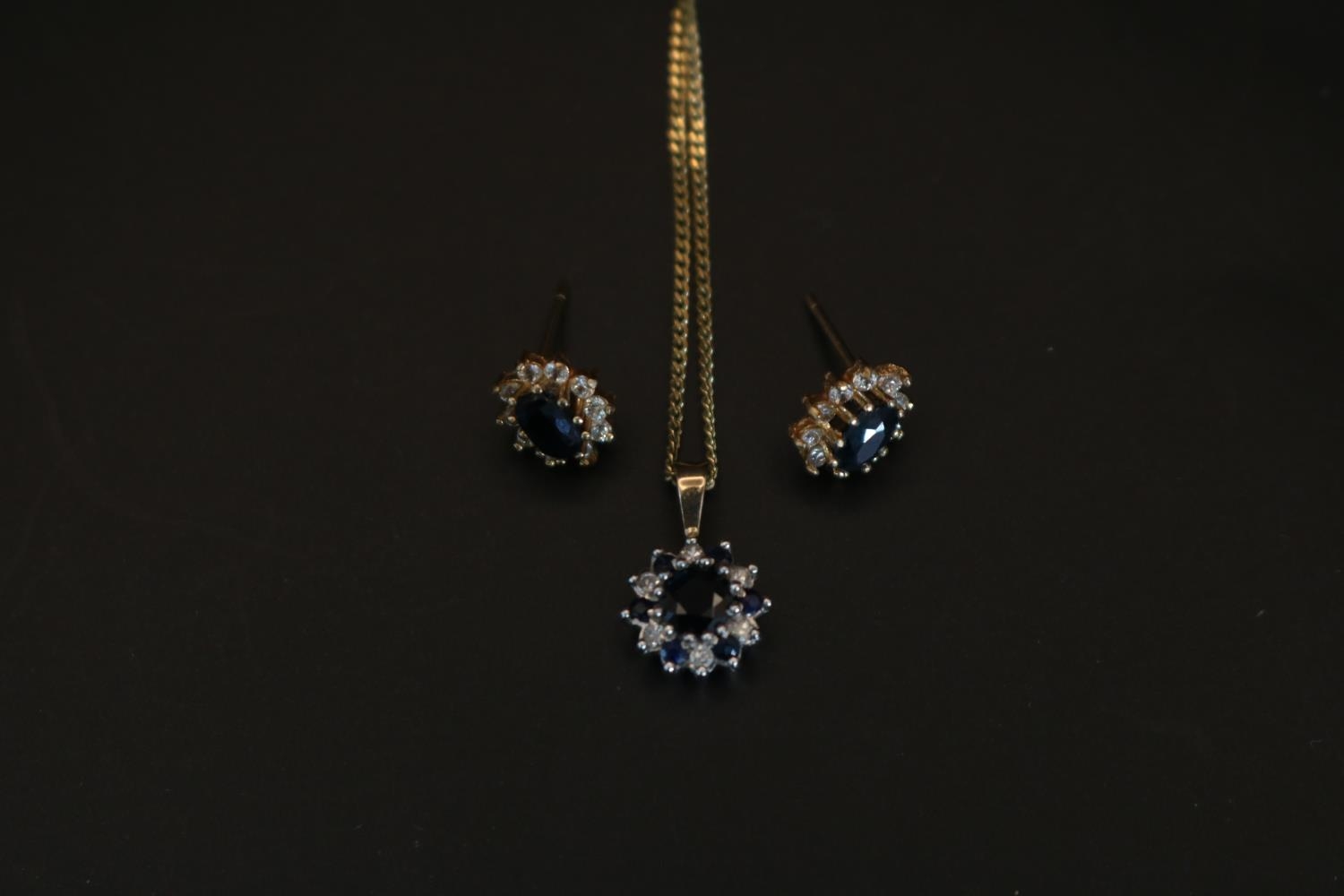 Ladies 9ct Gold Sapphire & CZ Set Pendant and a pair of matched earrings - Image 2 of 2