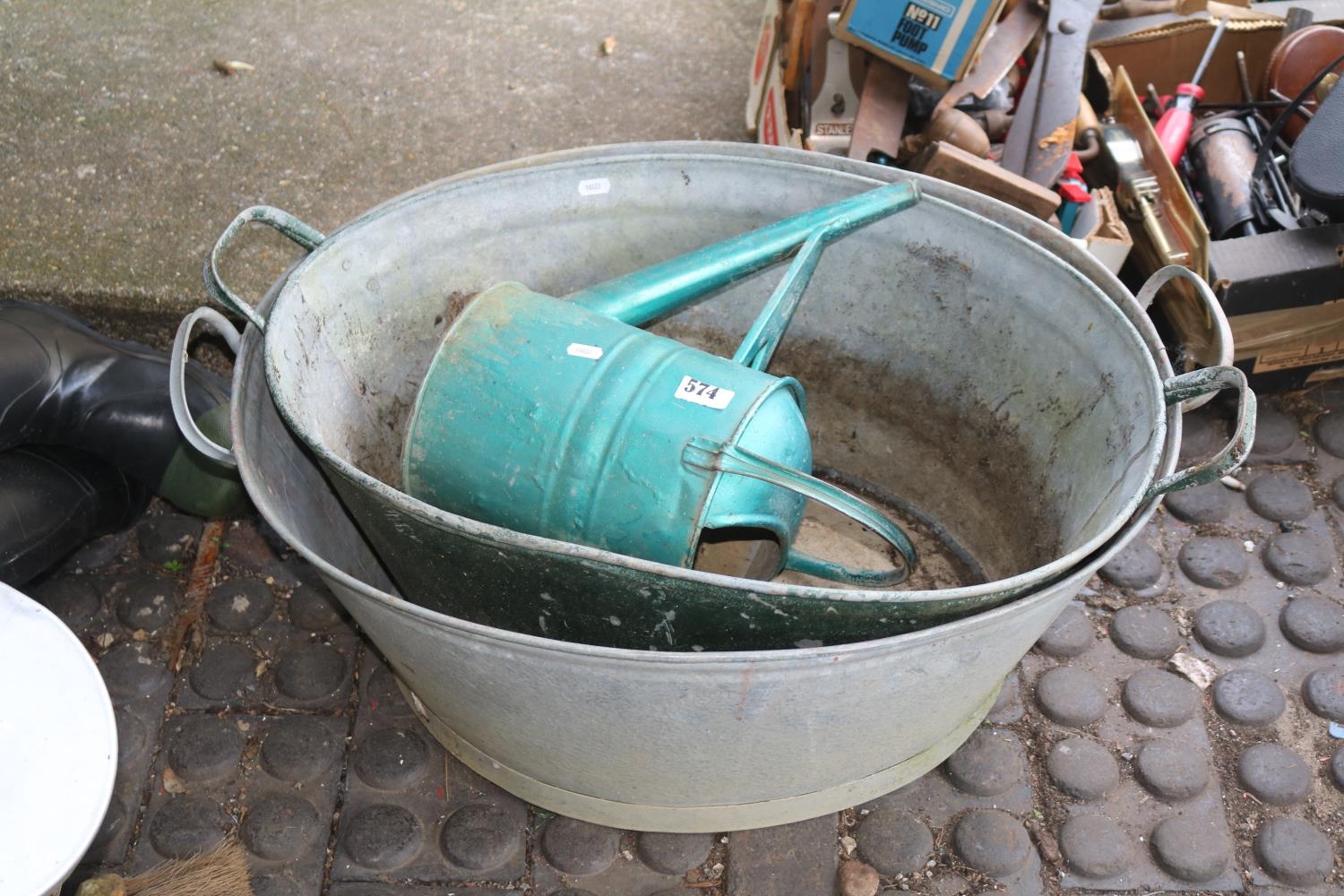 2 Galvanised wash tubs and a Watering Can