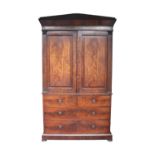 William IV Flame Mahogany fronted Linen press with panelled doors over 4 drawers with brass