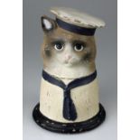 RARE Victorian Hand Painted Syroco Jar in form of a Cat in Sailors Outfit. Detailed modeling of