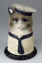 RARE Victorian Hand Painted Syroco Jar in form of a Cat in Sailors Outfit. Detailed modeling of