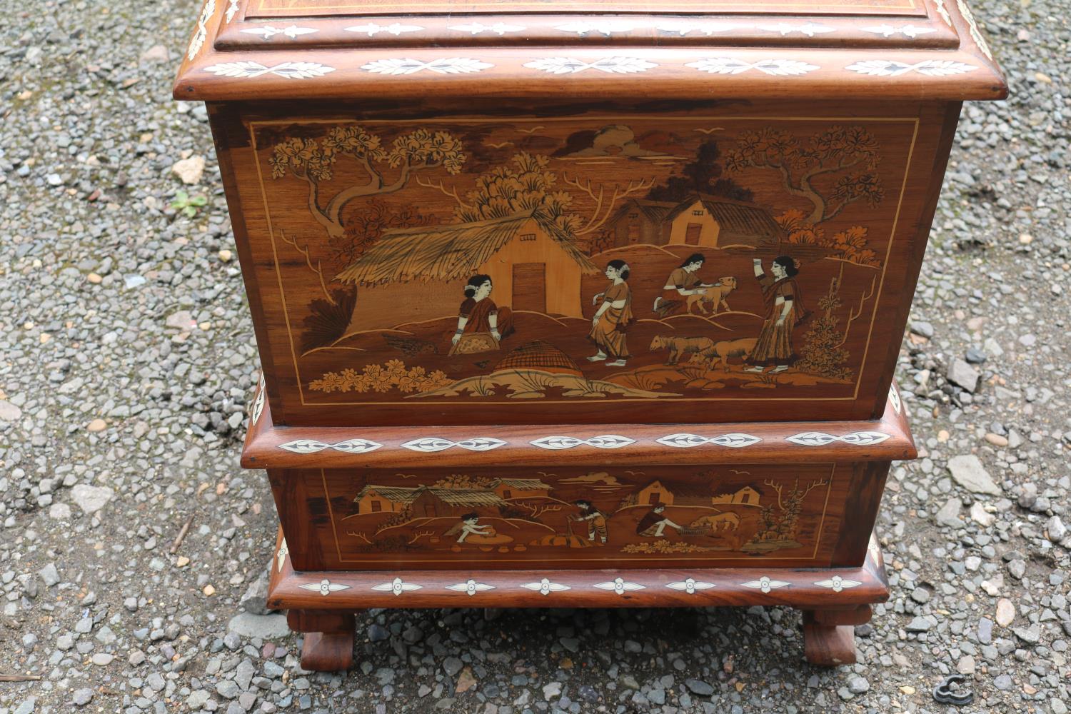 Anglo Indian Rosewood bone inlaid Mule chest supported on cabriole legs decorated with figural and - Image 5 of 7