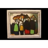 Markey Robinson (Irish, 1918-1999). Primitive figurative abstract oil on board depicting a gathering