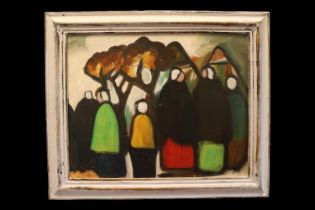 Markey Robinson (Irish, 1918-1999). Primitive figurative abstract oil on board depicting a gathering