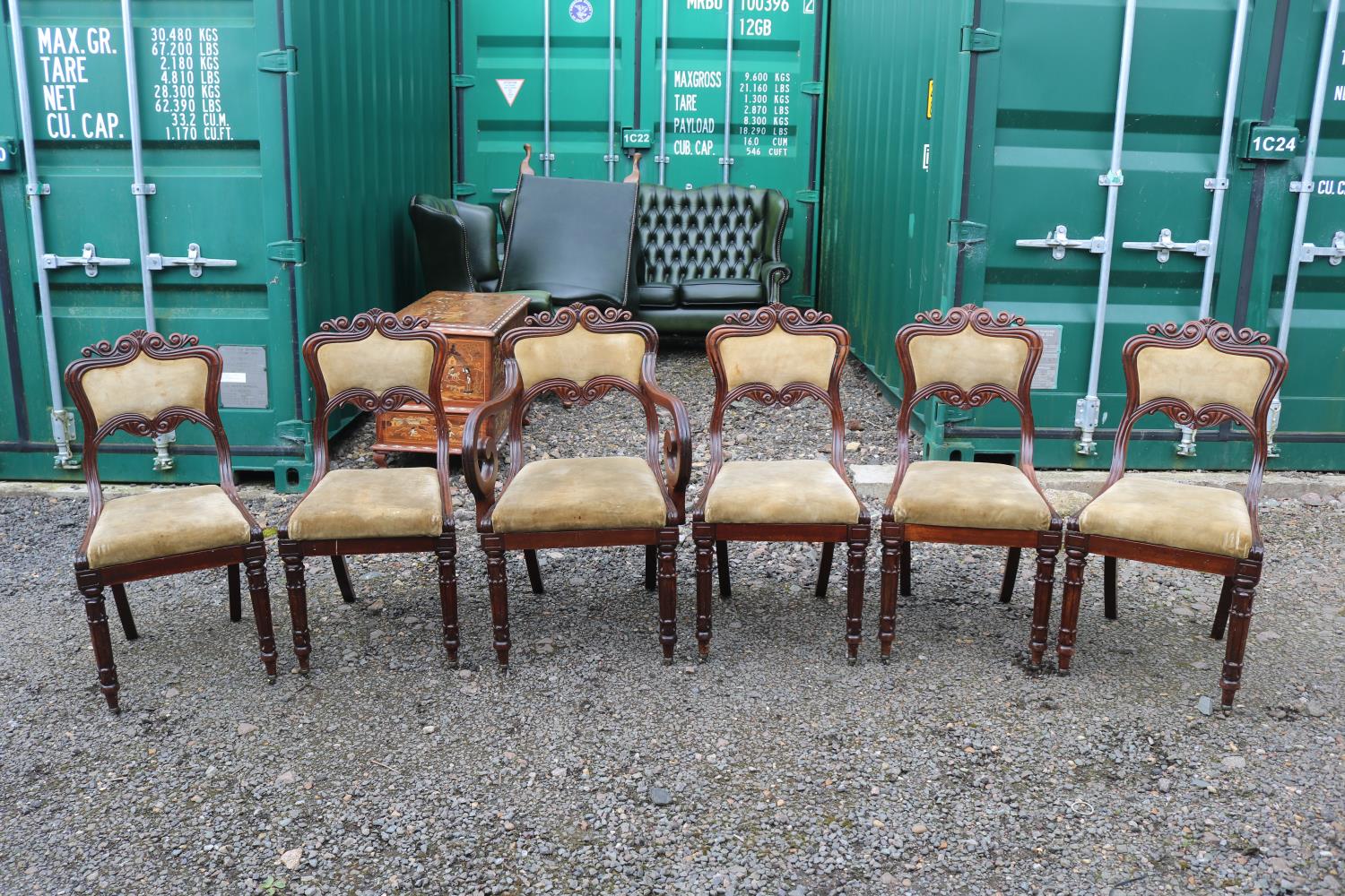 19thC Set of 6 Mahogany dining chairs with upholstered backs and drop in seats over carved show - Image 2 of 6