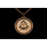 Zodiac design 18ct Gold Circular Diamond set Pendant on chain. Circular pendant with applied Crab
