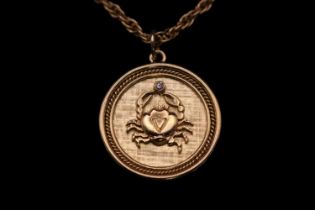 Zodiac design 18ct Gold Circular Diamond set Pendant on chain. Circular pendant with applied Crab