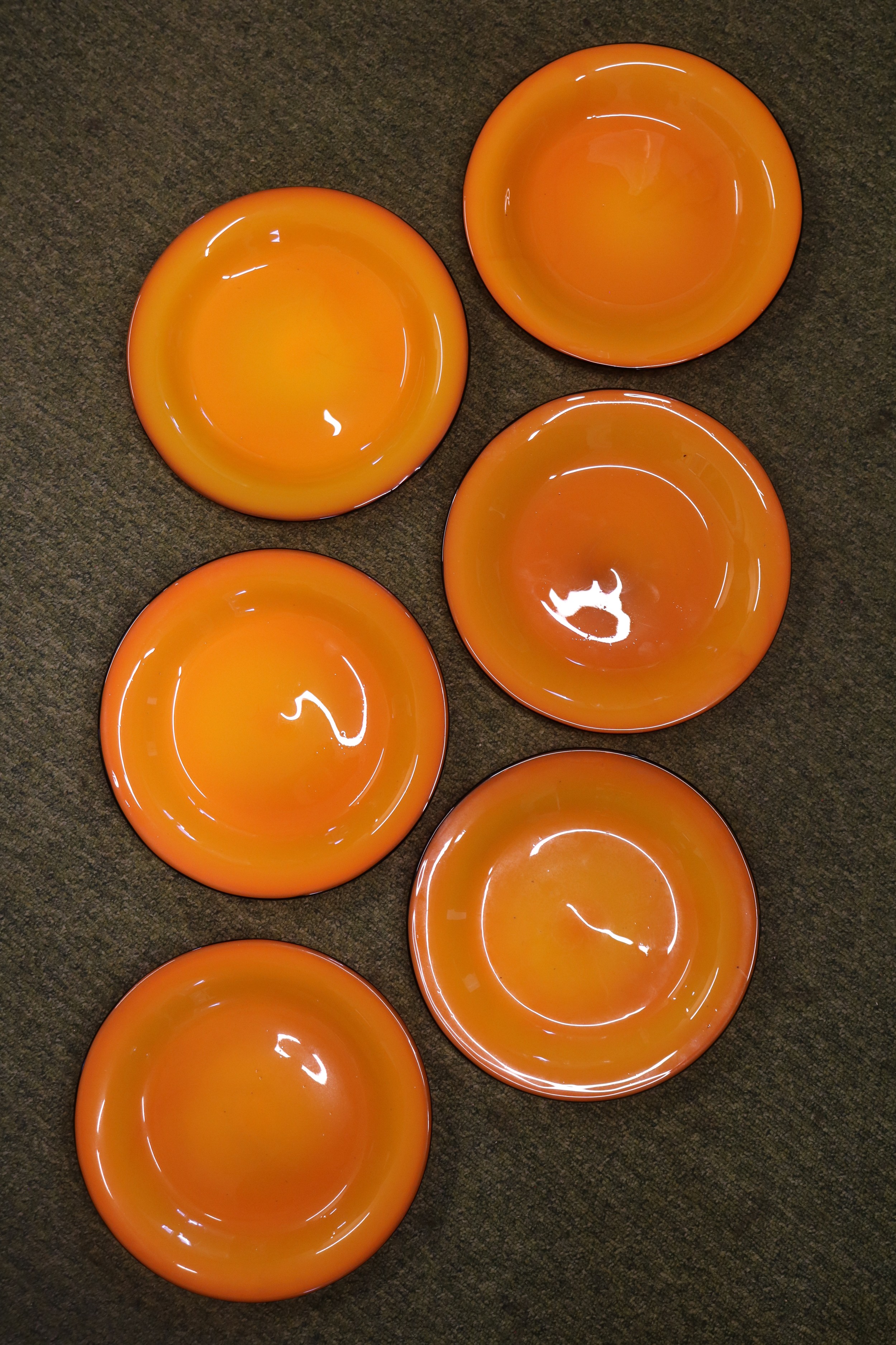Loetz Glass Orange & Black Tango plates by Michael Powolny. The set of six look stunning in