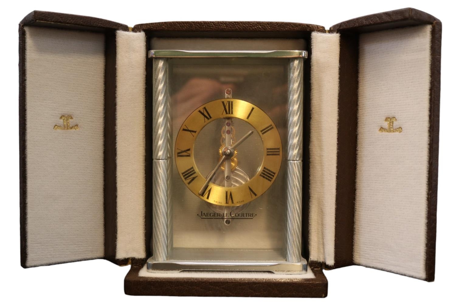 Jaeger LeCoultre skeleton carriage clock in original travel case, circa 1988, with Swiss movement (