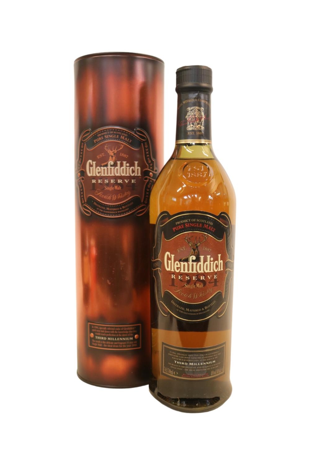 1980s Glenfiddich Reserve Single Malt Scotch Whisky 700ml with Cylindrical Tin