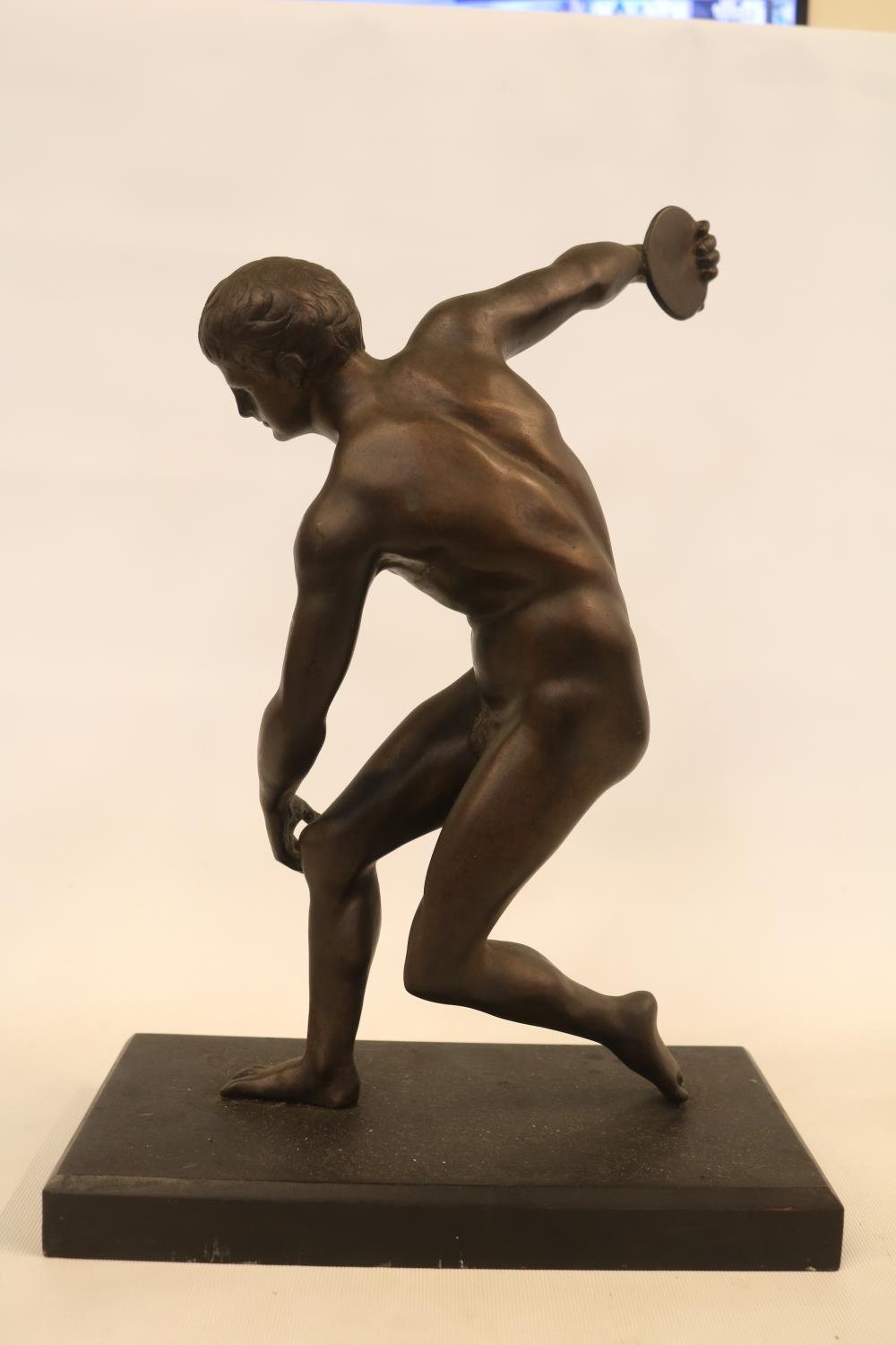 A Bronze figure of the Discus thrower after the antique C.1930s mounted on wooden rectangular - Image 3 of 3