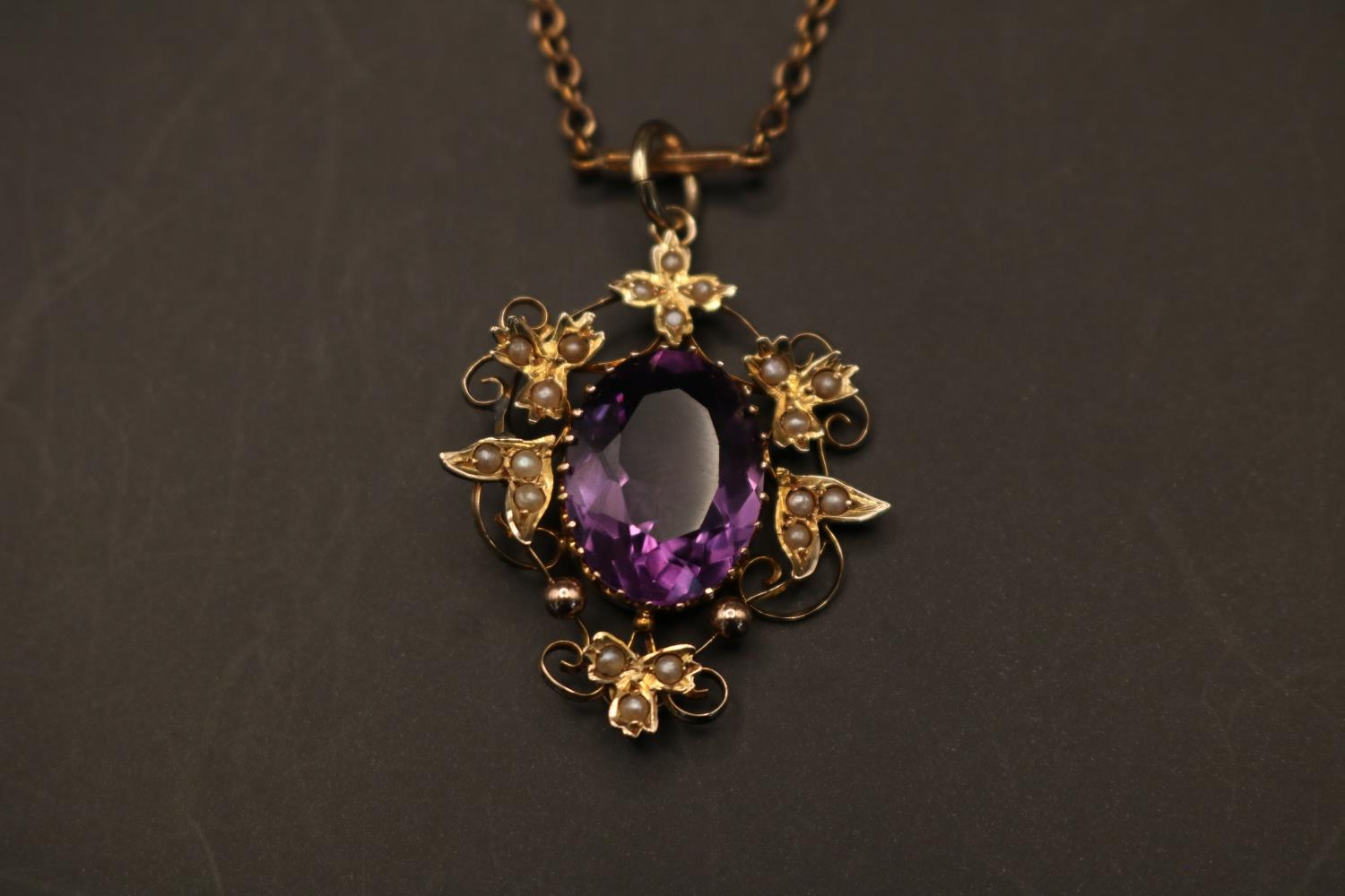 9ct Gold Edwardian Oval Amethyst Pendant with Foliate seed pearl setting. Oval Facetted Amethyst - Image 2 of 3