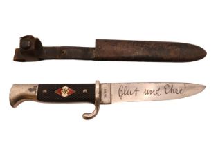 German WW2 Third Reich Nazi Hitler Youth dagger with etched motto 'Blut Und Ehre' and Emil Voos