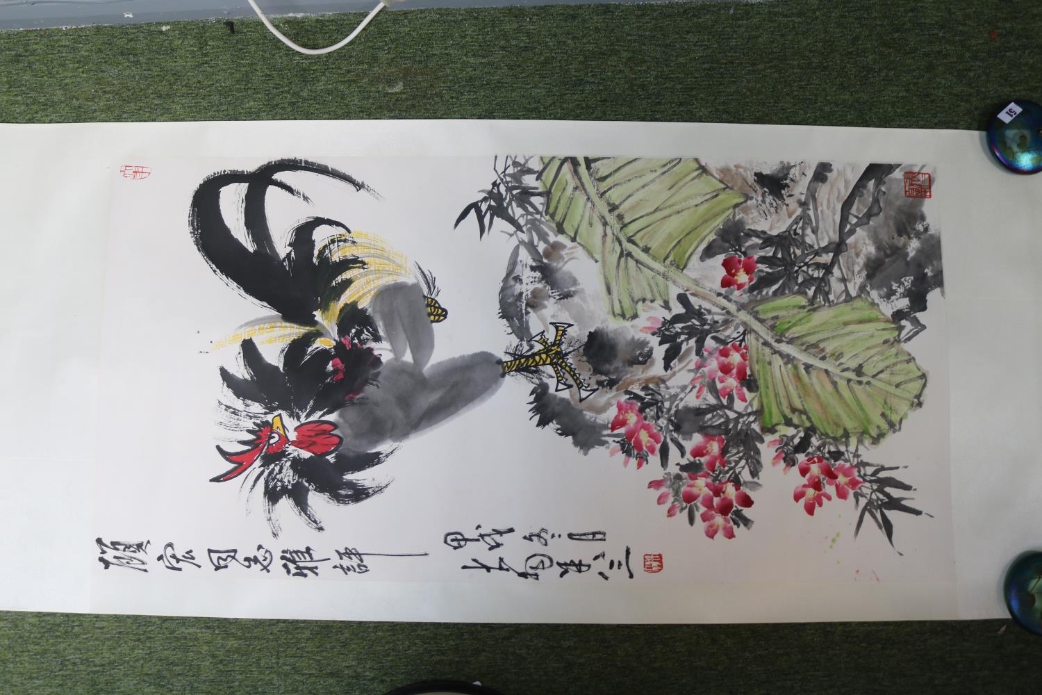 Chen Tianyus Camelia & Gongmai Hanging Scroll with hardwood handle. 203cm in Length - Image 2 of 2