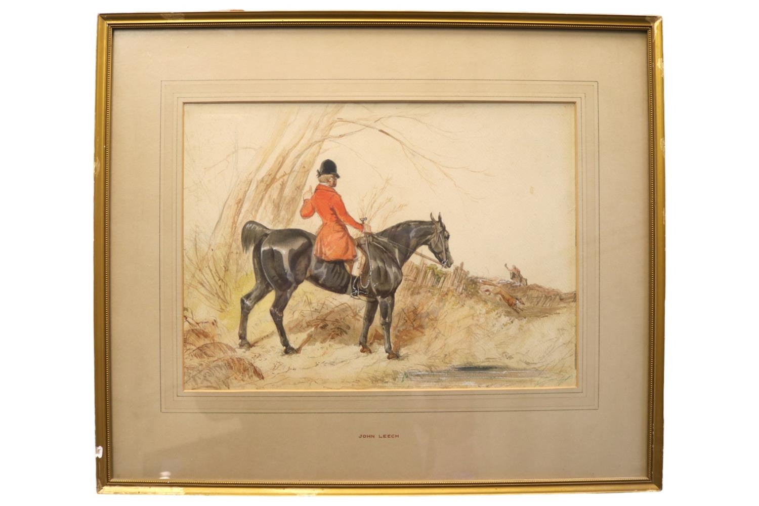 John Leech (British 1817 - 1864). Framed watercolour of Fox Huntingattribution to mount. 34 x 25cm