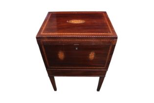 Georgian Inlaid Mahogany Wine Cooler on stand with integral drawer supported on tapering legs.