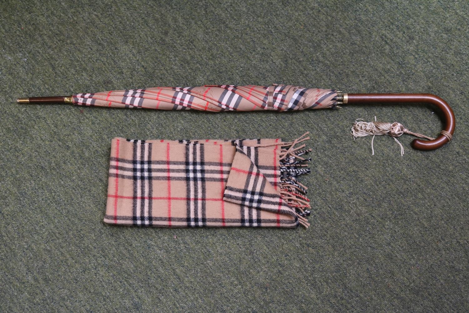 Burberry Tartan Umbrella with Gilt Ferrule and Silk tassel with a matched Burberry Tartan Scarf - Image 2 of 4