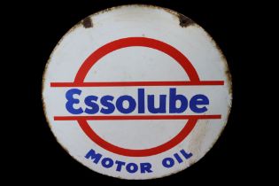 Vintage enamelled round double sided Essolube motor oil sign, 66cm diameter.