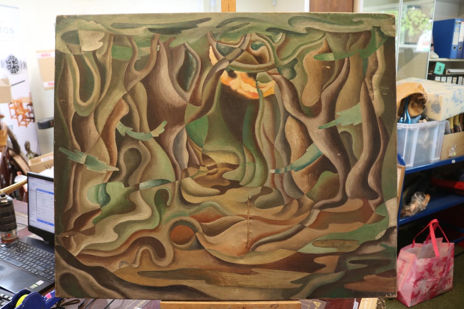 Original 1930's Surrealist oil on canvas depicting a forest scape in moonlight, in the style of - Image 2 of 4