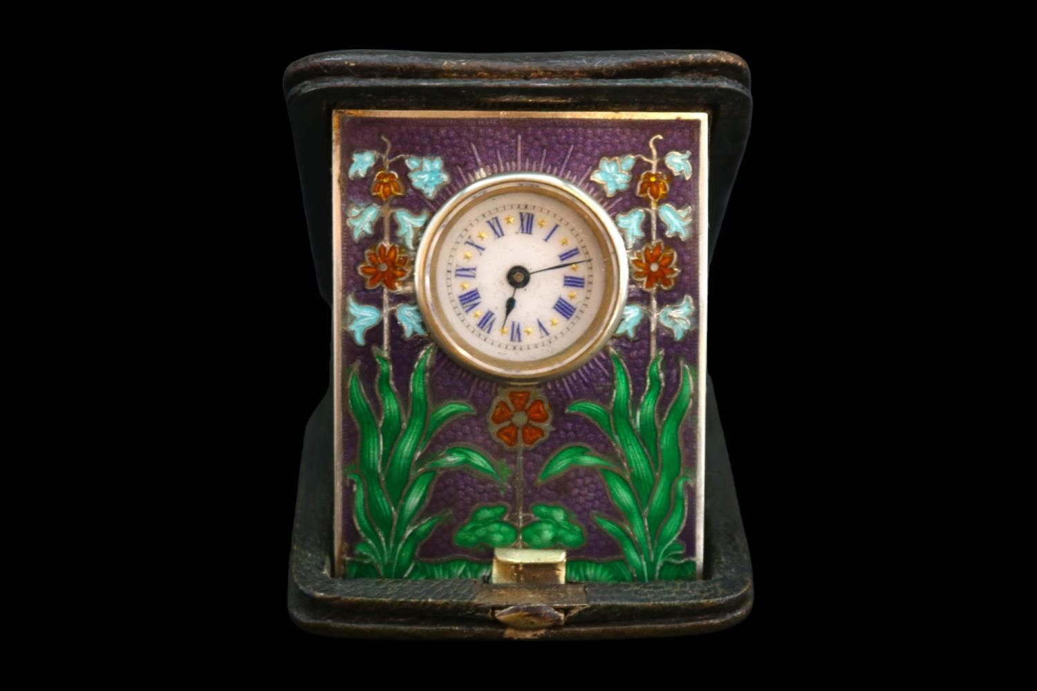 Edwardian Silver and Guilloche travelling clock with roman numeral and floral decorated case