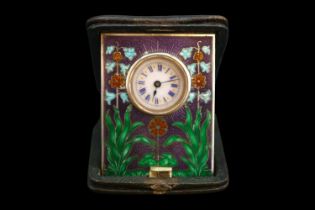 Edwardian Silver and Guilloche travelling clock with roman numeral and floral decorated case