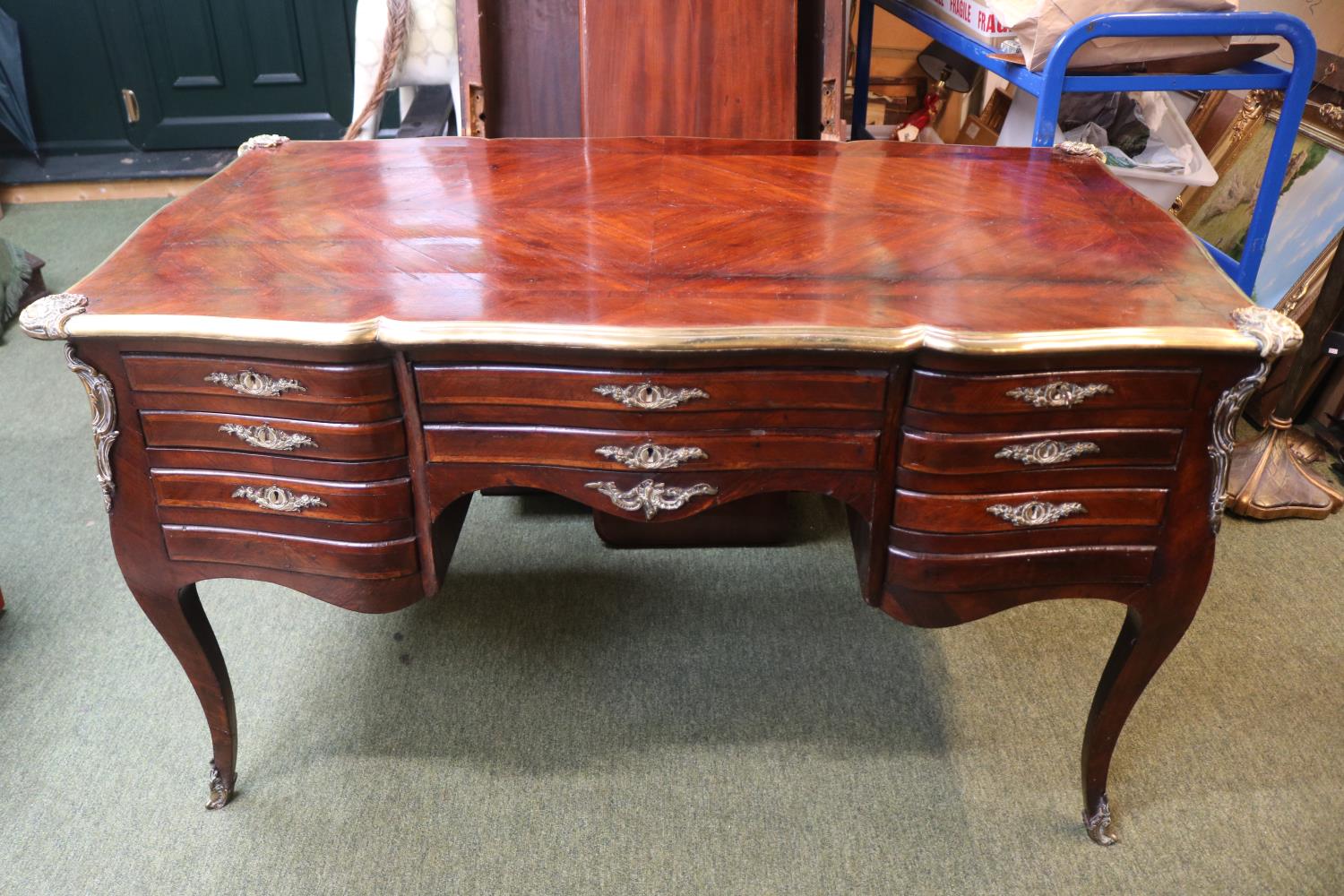 19thC Kingwood Partners Bombe Desk Louis XV Style with applied brass decoration. 134cm in Length - Image 2 of 4