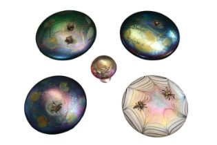 John Ditchfield for Glasform: 2 silver frog on iridescent lily pad glass paperweight, diameter 11cm,
