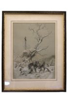 Julius Caesar Ibbetson (British, 1759-1817). Pencil and Wash of a fallen rider in winter scene. 32 x