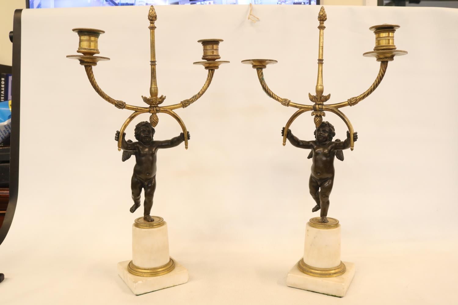 A Pair of Marble and Ormolu Mounted Two Branch Candelabra Mid 19thC modelled as Bronze Putti - Image 2 of 3