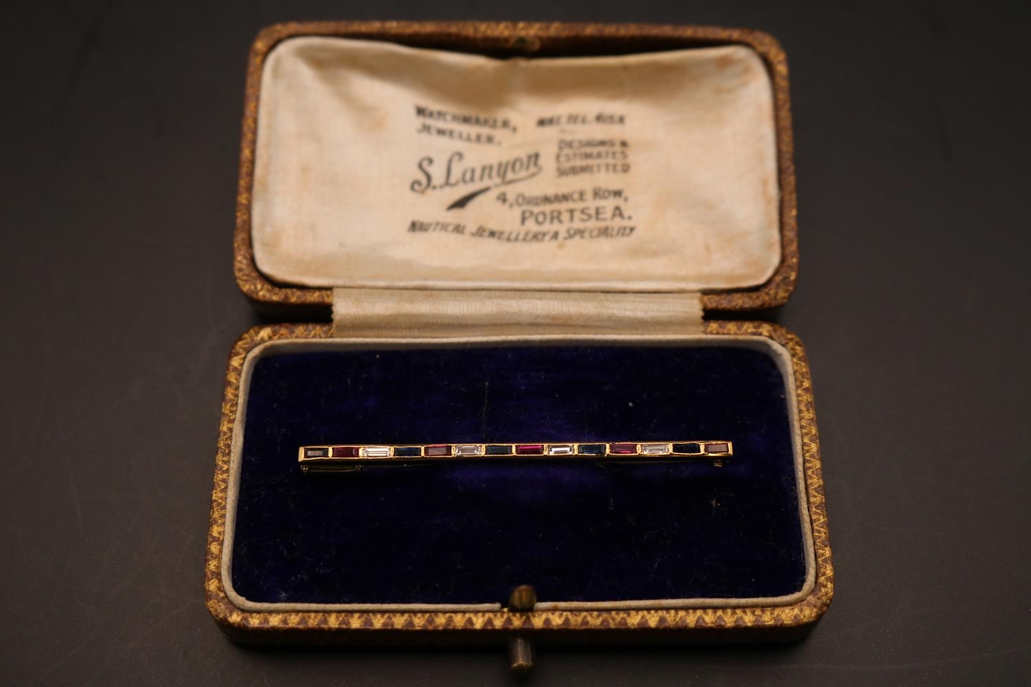 Gentlemen's Sapphire, Ruby & Diamond set Tie Pin. Mounted on 18ct Gold 14 alternating Rectangular - Image 2 of 2