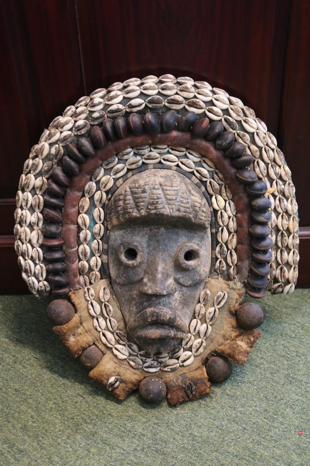 African Tribal Mask decorated with Cowrie shells and Nuts possibly Western Africa. 45cm in Height - Image 2 of 3