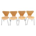Danish Fritz Hansen Mid Century Ply chairs designed by Arne Jacobsen dated 1995 supported on