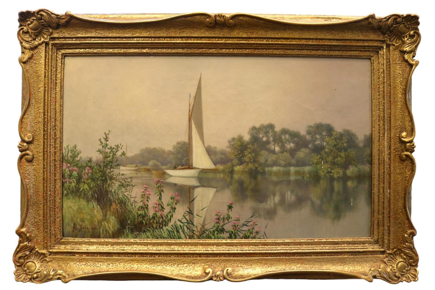 Stephen John Batchelder (British, 1849-1932) . Oil on canvas of Sailing Norfolk boats in river scene