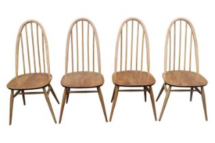 Set of 4 Ercol Blonde Elm Quaker Stick Back Chairs with Blue Labels to reverse