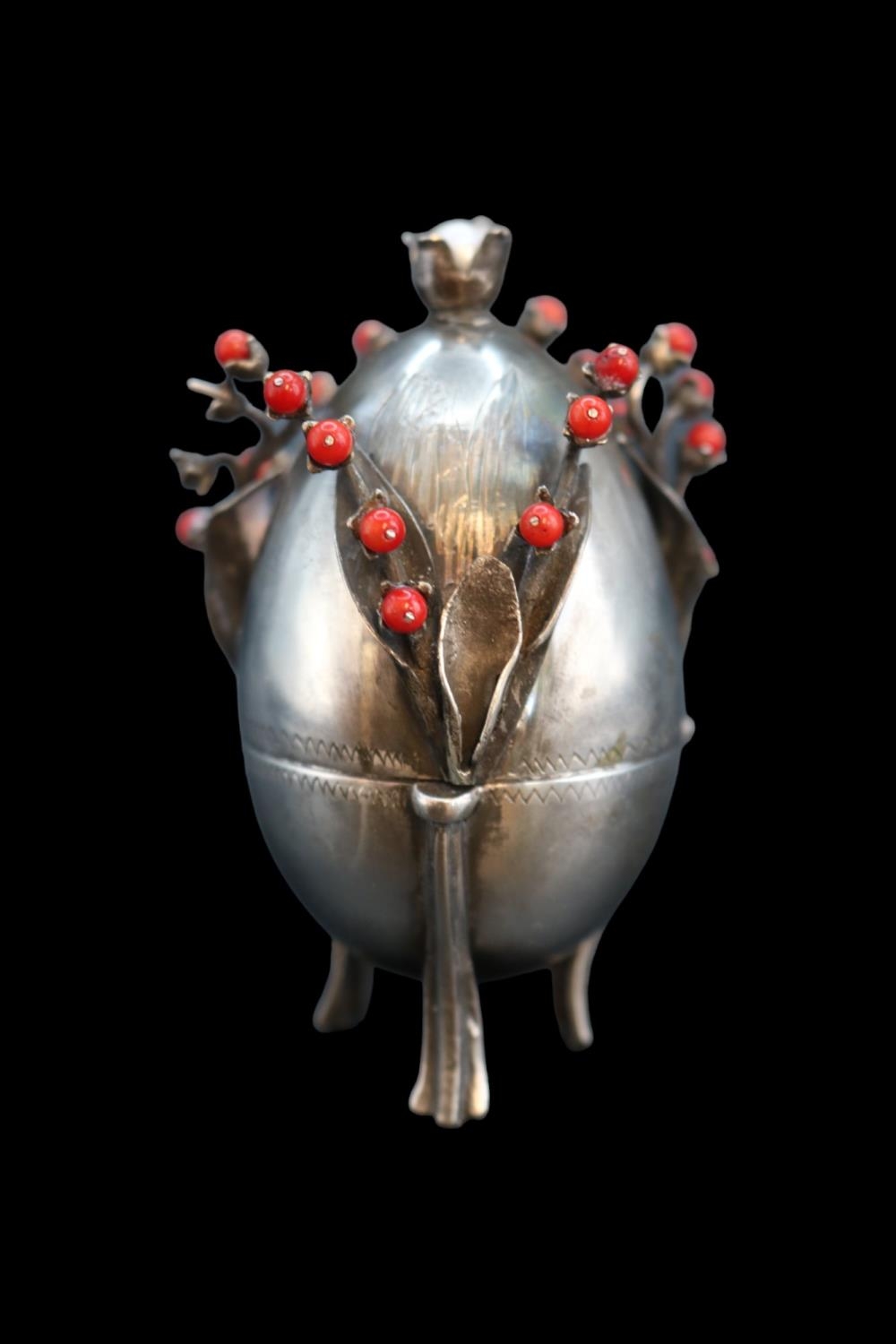 RARE c19th Russian Silver Egg Dated 1878 with branches of red berries & inset with a pearl to the