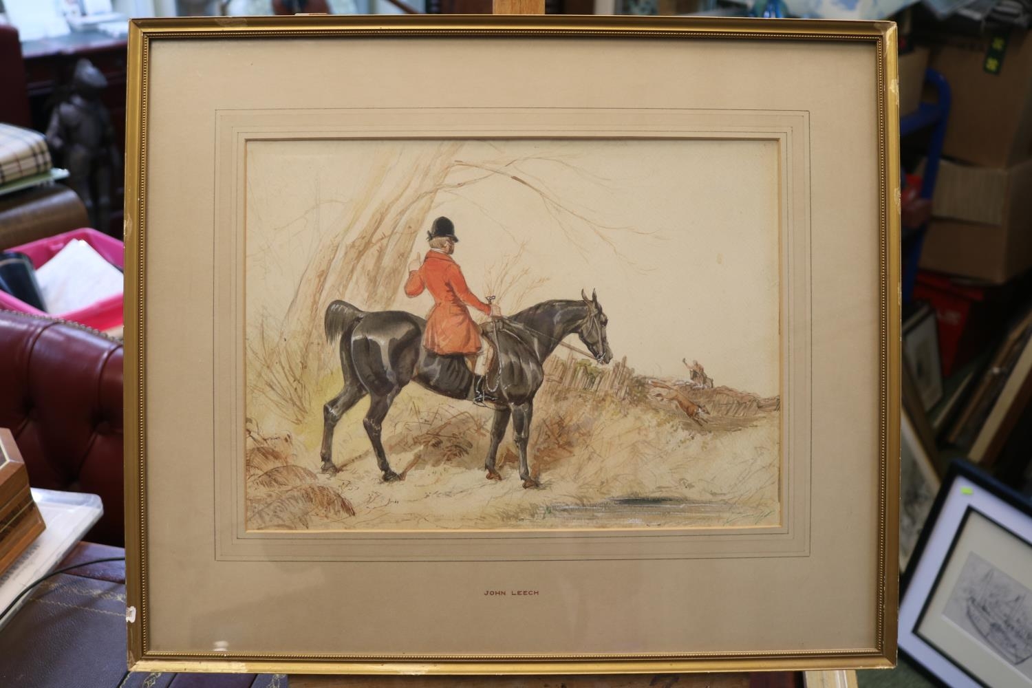 John Leech (British 1817 - 1864). Framed watercolour of Fox Huntingattribution to mount. 34 x 25cm - Bild 2 aus 3