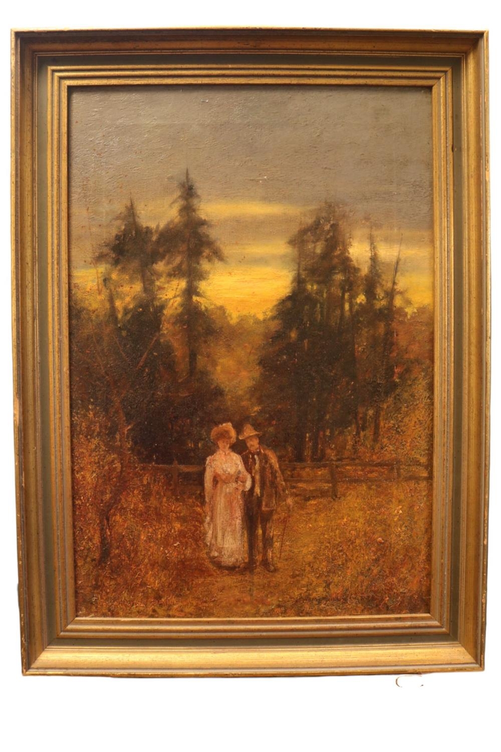 Joseph Edward Homerville Hague (British, 1866-1939). Oil on canvas of a couple in woodland scene