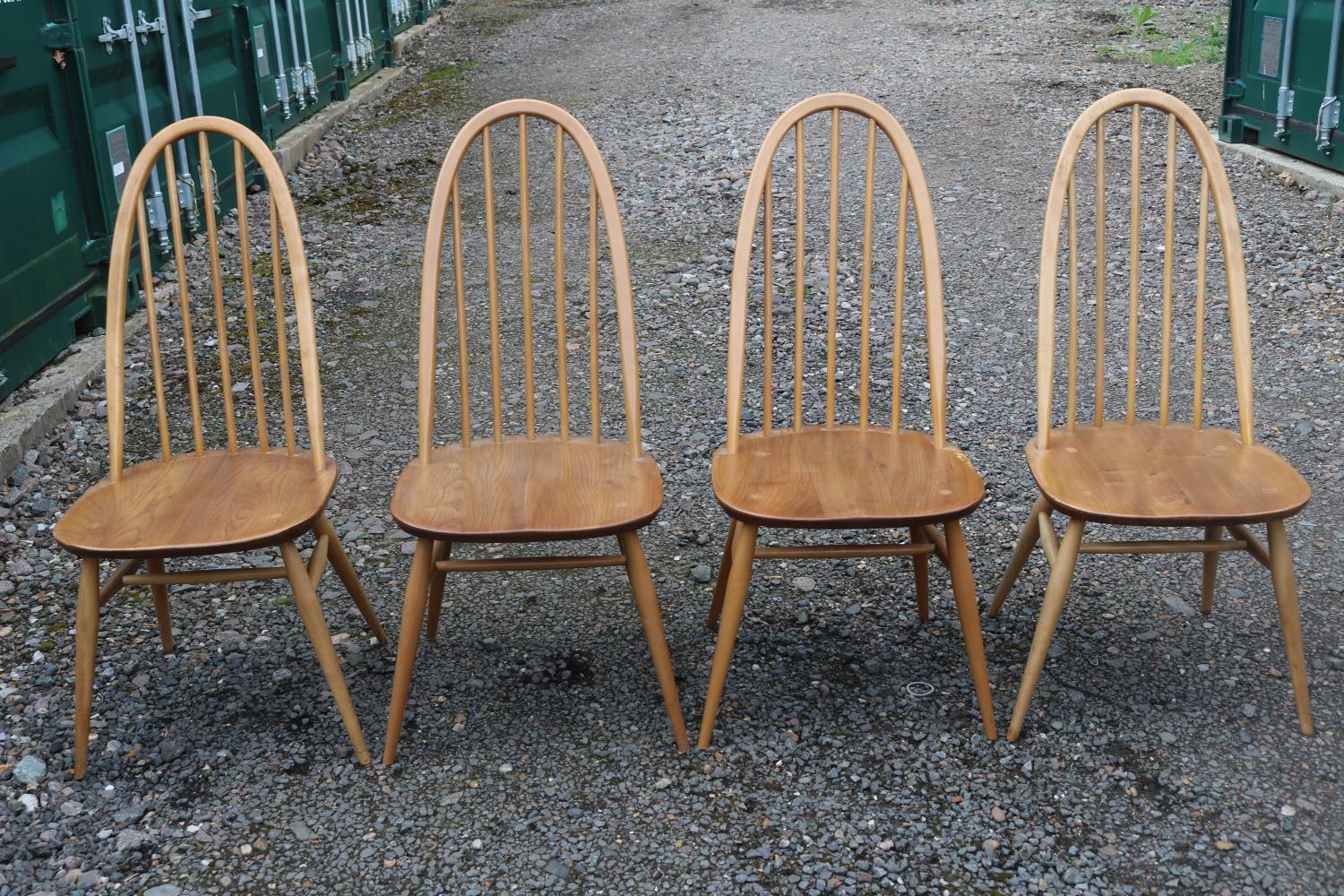 Set of 4 Ercol Blonde Elm Quaker Stick Back Chairs with Blue Labels to reverse - Image 2 of 3