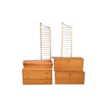 Ladderax Teak Hanging Wall system comprising of 3 Drawer chest, 2 Cabinets, 9 Large Shelves, 3 Small