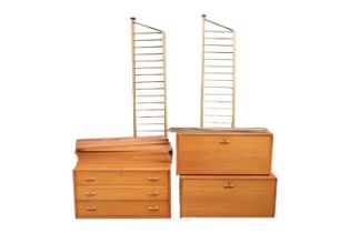 Ladderax Teak Hanging Wall system comprising of 3 Drawer chest, 2 Cabinets, 9 Large Shelves, 3 Small