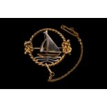 Art Deco 9ct Gold Maritime Sailing design brooch with central Sailing boat on White gold waves