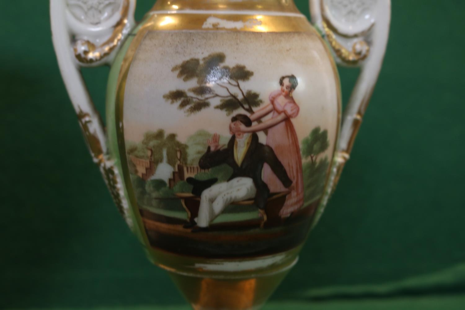 Two pairs of antique early 19th century Paris Porcelain Empire style gilt vases with hand painted - Image 6 of 12