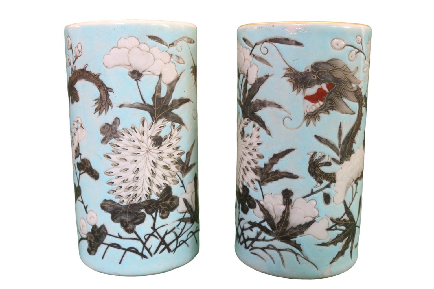Pair of Antique Chinese Turquoise ground Dayazhai-style vases with en grisaille and white enamels